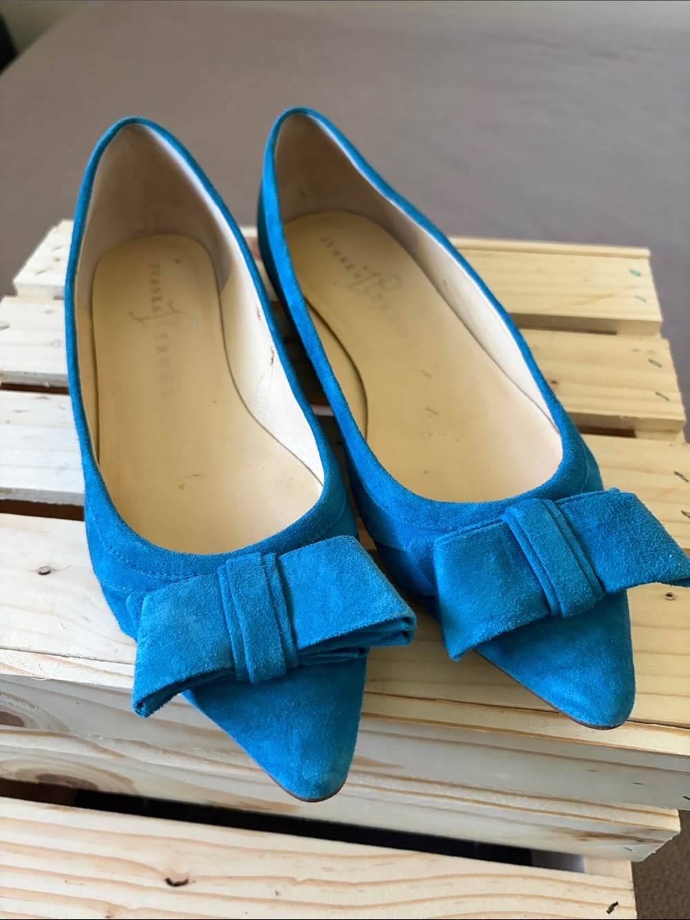 Kensie Teal Pointed Suede Flats with Bow Accent
